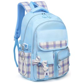 Rilaeua Cartoon Backpack for Girls Set - Large Capacity Backpack Set for School with Keychains, Button Pins, Stickers, Stationery Set, Card Holder, Back to School Bag Gifts for Kids, Blue + Plaid