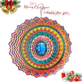 FONMY Wind Spinner 3D Stainless Steel Christmas Decoration Room Decor Indoor/Outdoor Garden Decoration Hanging Ornaments Kinetic Yard Art Decorations 12 inches Multi Red Mandala Wind Spinners
