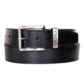 Nautica Men Casual and Dress Leather Belt with Metal Buckle, Engraved Keeper-Black, 40"