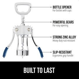 GORILLA GRIP BPA-Free Premium Wine Opener, Heavy Duty Zinc Alloy Wing Corkscrew, Multifunctional Bottle Openers Remove Corks, Caps, Easy to Use Sharp Cork Screw, Dishwasher Safe, Bar Essential, Blue