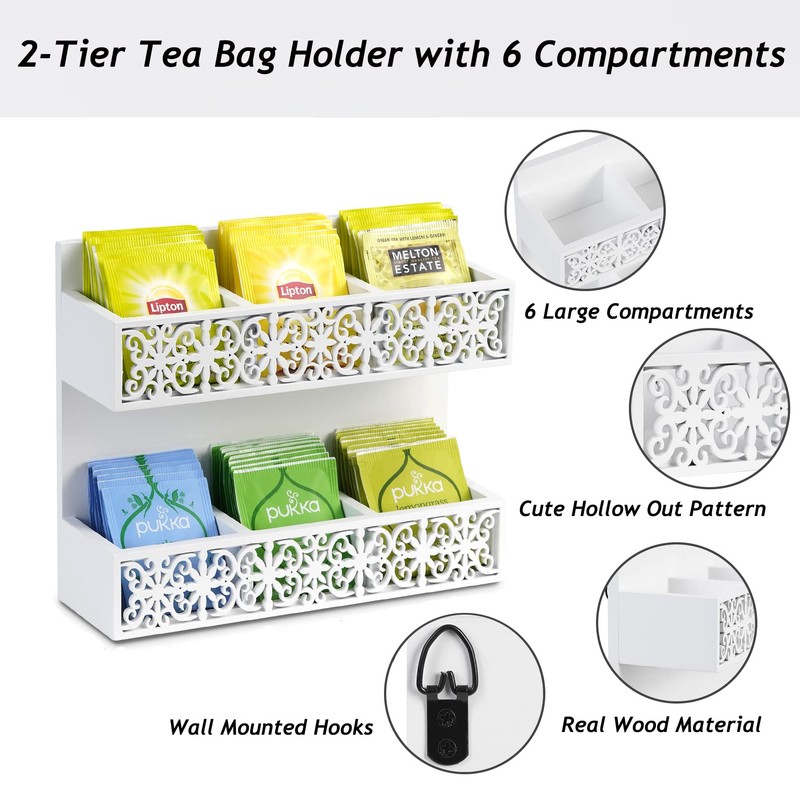 QILICHZ Tea Bag Organizer 2 Tier Wood Tea Bags Holder