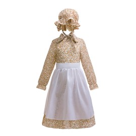 Lito Angels Kids Girls Medieval Fancy Floral Dress Traditional Village Country Maid Costume with Apron and Bonnet Hat Age 7-8 Years, M