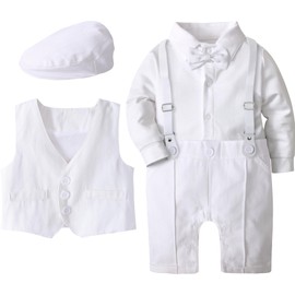 A&J DESIGN Ropa de Bautizo para Niño Traje Formal Mamelucos para Bebe Niño con Boina, Chaleco, Pajarita y Tirante, Blanco, 12-18 Meses