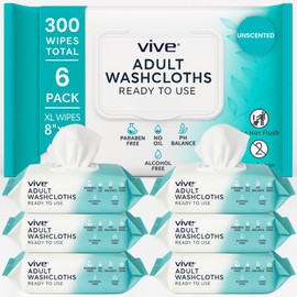Vive Disposable Washcloths for Adults & Elderly (6 Pack - 300 Count - 8"x12") – Incontinence Wipes for Men & Women – Hypoallergenic No Rinse Adult Body Wipes for Sensitive Skin – Unscented