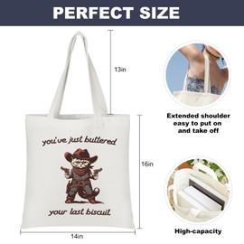 You're Just Buttered Your Last Biscuit Funny Cowboy Cat for Women Cow Girls, Grocery Shoulder Bag with Pattern for Shopping, Gym, Travel