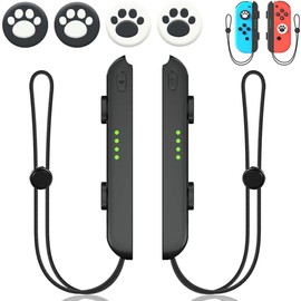 Switch Joycon用 リストストラップ 1組 ゲームパッドリストスト ストラップ交換用 ゲームコンソール用 リストストラップ 落下防止 締め付け調整可能 パーツ アクセサリー 猫の肉球柄 かわいいジョイスティックロッカー保護キャップ4個付き（ ブラック）