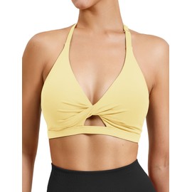 VOYJOY Workout Sports Bras for Women Padded Backless Strappy Fitness Wireless Gym Bra Medium Impact Bra Yoga Crop Top Milk Yellow S