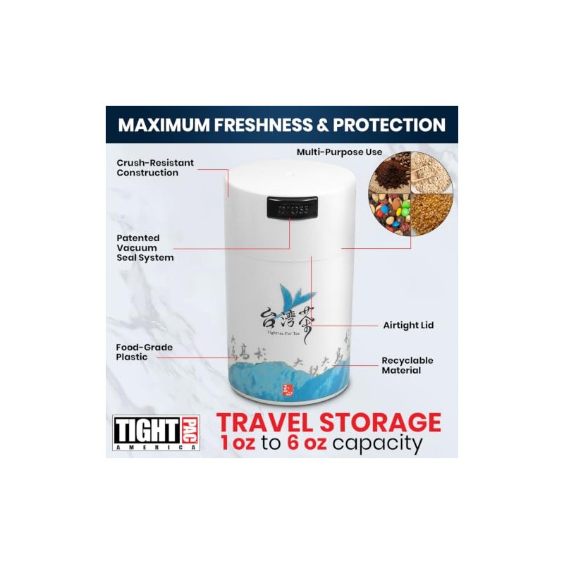 Teavac 6-Ounce Vacuum Sealed Tea Storage Container, White Cap and
