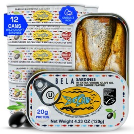 BELA Wild Caught Portuguese Sardines - Lightly Smoked & Marinated in Extra Virgin Olive Oil | 4.25 Oz (Pack of 12) | All Natural, High Protein, Hand Selected, Sea Salted, & Omega 3 Rich