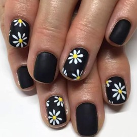 White Daisy Press on Nail Black False Nail Short Square Acrylic Nails Matte Glue on Reusable Full Cover Fake Nails for Women Girls