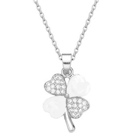 Four Leaf Crystal Flower Necklace for Women 18K Gold Plated Stainless Steel 4 Leaf Lucky White Clover Pendant Mother of Pearl Jewelry for Her (White Silver)