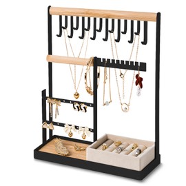 DreamGenius Jewelry Organizer Stand with Velvet Ring Holder, 4 Tier Jewelry Holder Organizer with 15 Hooks Necklace Organizer and Bracket Holder, Jewelry Stand with 16 Holes for Earring Holder, Black