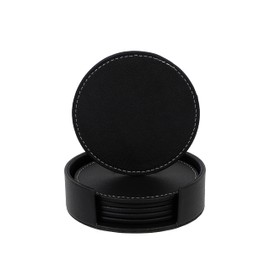 6 Pcs Leather Coasters for Drinks, 4" Drink Coasters Set Holder for Tabletop Protection from Water Marks Scratch and Damage,for Cold & Hot Drinks, Housewarming Gifts (Black)
