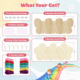 VKPI Wooden Cross Stitch Kits for Kids, Make Your Own 6 Cross Stitching Keyrings, Wood Sewing Kit, Arts & Crafts Butterfly, Flower Ornaments, Embroidery Kit for Beginners, Girls, 6-13