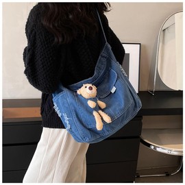 BEIBANG Shoulder Bag, Women's, Large Capacity, Canvas Bag, Denim Bag, Shoulder Bag, Lightweight, Plain, Zippered, Cute, Students, Stylish, Shoulder, Cross-body, Work, School, Travel, Shopping, Unisex (Free Size, Light Blue)