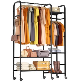 Korfile Wardrobe Closet, 5-Tier Steel Freestanding Closet Organizer with Hanging Rod, 45" x 16" x 69", Black - GR010