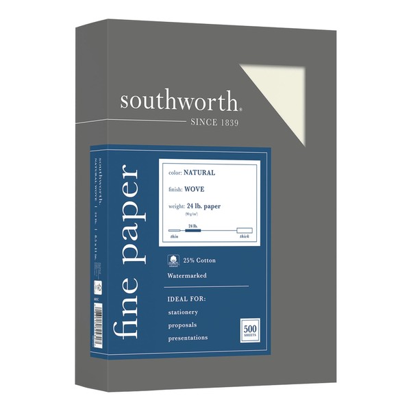 Southworth 25% Cotton Business Paper, 8.5” x 11", 24 lb/90 GSM, Wove Finish, Natural (Ivory), 500 Sheets - Packaging May Vary (404NC)
