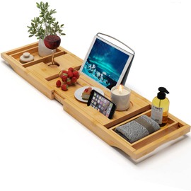 Foldable Bathtub Caddy Tray for Tub,Bamboo Expandable Bath Table Trays,Premium Bathroom Accessories for New Home & Mothers Day & Birthday Gifts for Couples,Natural
