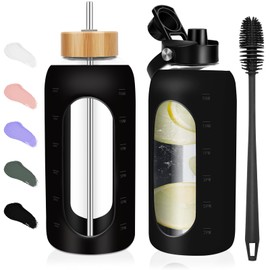 FULBEVY Glass Water Bottles 64 oz - Half Gallon Large Motivational Daily Water Intake Bottle Time Marker - Glass Water Bottle With Straw, Silicone Sleeve 2 Lids, Handle Spout & Bamboo Lid