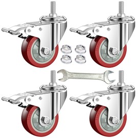 DICASAL 3 Inch Heavy Duty Stem Casters 360 Degree Swivel Thread Wheels with Metric Size M12-1.75 Screw Bolt Double Locking Brake Castor Wheel Load Capacity Upto 900 Lbs Pack of Four