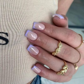 KQueenest 30 Pcs Lilac French Tip Press on Nails Short Square Nails Press ons,Natural Nude Fake Nails Acrylic,Classic Glue on Nails Short Coffin,Gel French Nails for Women DIY Manicure