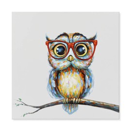 JAPO ART Funny Animal with Glasses Wall Art Hand Painted Owl Painting Colorful Owl Pictures Wall Decor for Kidroom Baby Nursery Room Bedroom 24x24 Inch