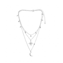 Spiritrain Silver Moon Star Crystal Necklace - Boho Charm Crescent Lucky Stars Small Bell Tassel Sparkly Rhinestone Cubic Zirconia Chain Necklace for Women - Christmas Birthday Trendy Jewelry Gifts