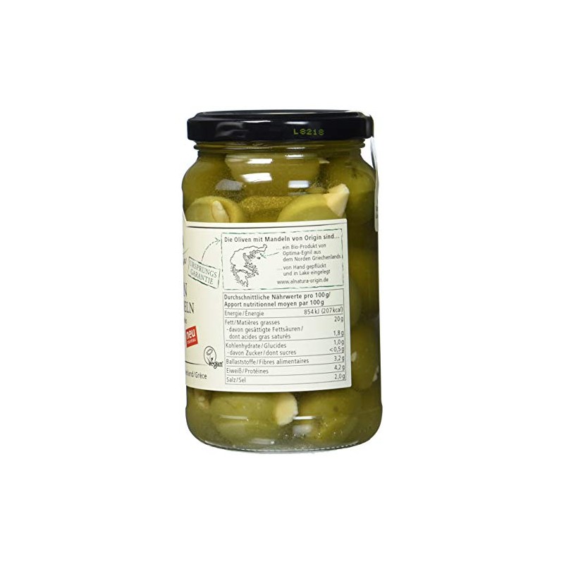 Alnatura Green Olives with Almonds Organic, 350 g (Draining Weight