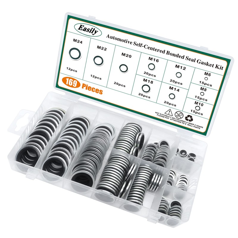 169PCS Automotive Self-Centered Bonded Seal/Gasket Assortment, Bonded Washer 10 Sizes,