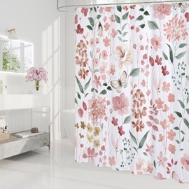 Litabel Pink Floral Shower Curtain, Plant Leaves with Flower Shower Curtains for Summer Pink Bathroom Decor, Modern Farmhouse Waterproof Fabric Botanical Shower Curtain Set with Hooks 72x72 Inch