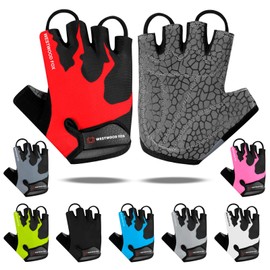 Cycling Gloves Half Finger Unisex Padded Grips Palm Bicycle Summer Riding MTB Bike Gloves for Men Women Non-Slip Fingerless Short Mountain Bike Ride Sports Hiking Mitts Climbing Gym (Red, M)