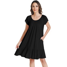 NACHILA Nightgowns for Women-Viscose Made from Bamboo, Short Sleeve Nightshirts Pleated Sleep Dress Soft Sleepshirt Black S