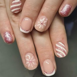Christmas Press on Nails Short Square Snowflake French Tip Design Cute Glitter Fake Nails Full Cover Nude Stick on Nails Xmas Glossy False Nails for Women Girls Winter Holiday Nail Art Decor 24Pcs