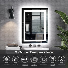 24X32 inch LED Bathroom Mirror, Black Framed Gradient Front and Backlit LED Vanity Mirror for Bathroom, 3 Colors Dimmable, Double Wall Mirrors with Anti-Fog, Shatter-Proof, Memory Function (24x32)