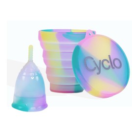 Cyclo Unique Menstruationstasse, hypoallergen, aus medizinischem Silikon, wiederverwendbar bis zu 10 Jahre, mit Baumwollbeutel und faltbarem Sterilisatorbecher, mikrowellengeeignet (L)