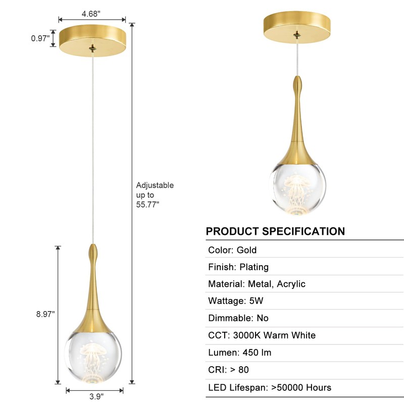CHYING Gold Pendant Light Crystal LED Pendant Lighting Jellyfish Teardrop