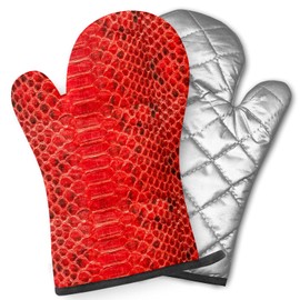 Pairs of Decorative Oven Mitts, Heat Resistant Kitchen Gloves for Cooking, Baking, Grilling (Red Python Leather Skin Texture)