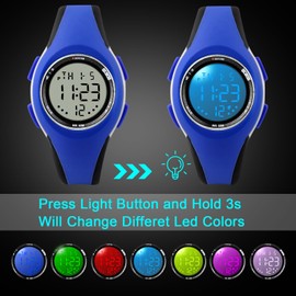 GUUMUXIN Children's Watch, 7 Colours Children's Watch Boys Girls Wrist Watch Children 50 M Waterproof Sports Outdoor Digital Watch Children Watch for Junior Teenager Kids Watch, blue, Strap.