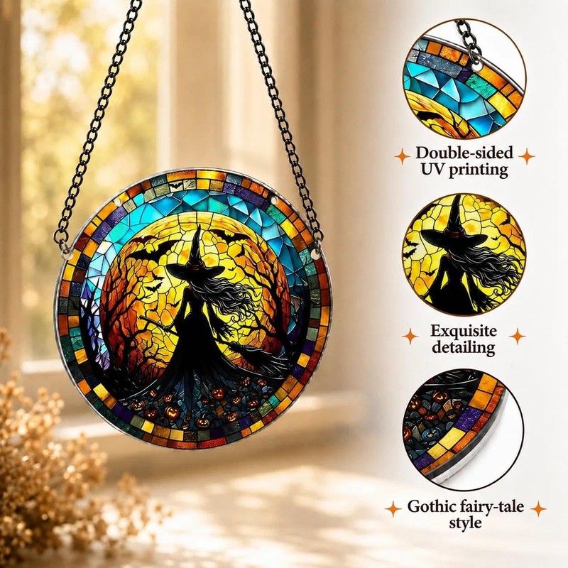 Sun Catchers For Windows, Moon & Witch Gothic Stained Glass