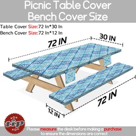 memKiya 6Ft Picnic Table Cover with Bench Covers 72×30 Inches Fitted Outdoors Stain Resistant Camp Tableclothes Glamping Furniture Essentials for Tent Rv Camper Camping Organizers Gifts Blue Boho
