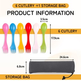 FENQURO 6 teiliger Kunststoff-Göffel, 3-in-1-Göffel, Campingbesteck, Kunststoffbesteck-Set, tragbare Göffel, Campingbesteck, Löffel, Gabel mit tragbarer Tasche für draußen, Camping