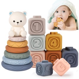 UNITSLYZ Baby Toys Stacking Blocks, Educational Sensory Toys, 13 PCS Baby Soft Building Blocks Toys, Montessori Toys for Babies, Gifts for 6 12 18 Months Old Toddler Girls Boys (Bear)