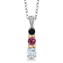 Gem Stone King 925 Silver and 10K Yellow Gold Round Sky Blue Aquamarine Pink Tourmaline and Black Onyx Pendant Necklace For Women (0.50 Cttw, Gemstone March Birthstone, with 18 Inch Chain)