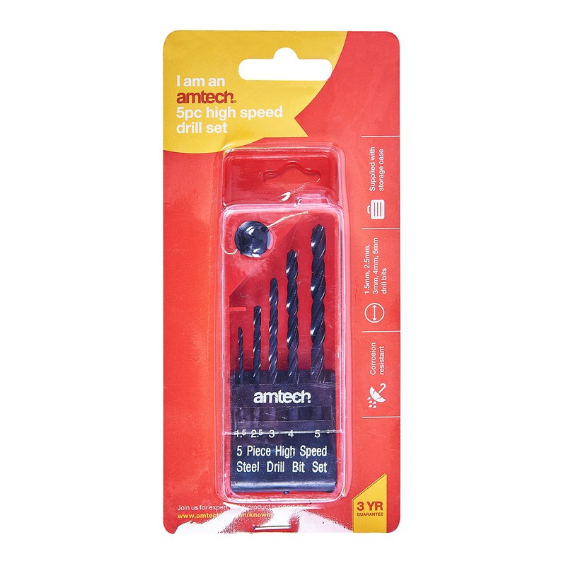 Amtech F0950 5 Piece high Speed Steel (HSS) Drill Set