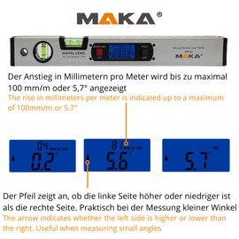 MAKA Digital Spirit Level 416 mm - 4 x 90° Range - Built-in Magnets - With Backlight - Digital Inclinometer - Angle Finder Gauge Spirit Level