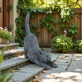 Elegant Gray Cat Stretching Figurine - Resin Sculpture, Realistic Fur for Home Office DecorColor: Dark Gray, Size: One Size