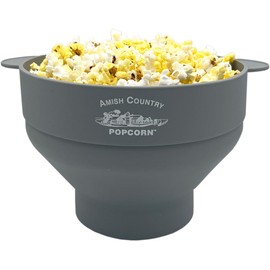 Amish Country Popcorn | Collapsible Silicone Microwave Popper with Customized ACP Logo | BPA and PVC Free Popcorn Bowl with Handles | Dishwasher Safe | Includes 2-2 oz Bags of Kernels (Grey)