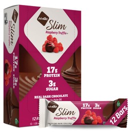 NuGo Slim Dark Chocolate Raspberry Truffle, 17g Protein, 2g Sugar, 7g Fiber, Low Net Carb, Keto Friendly, Gluten Free, 12 Count