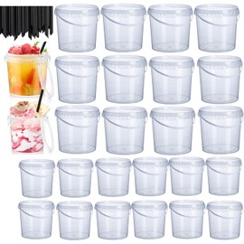 ToppYuanZea 24 Pack Ice Cream Bucket with Lids and Handles, 25OZ/ 33OZ Clear Plastic Rum Bucket Cocktail Drinks Containers, Plastic Food Storage Pail Tub for Summer Cold Drink Beach Parties