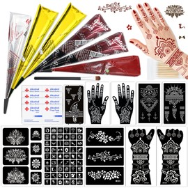 Temporary Tattoo Stencil Kit 10 Sheets, 6 Pcs Tattoo Cones 3 Color (Black/Brown/Cherry Red) with Brush/cotton swabsTool, India Art Skin Painting Designs for Women Men Kids DIY Gifts